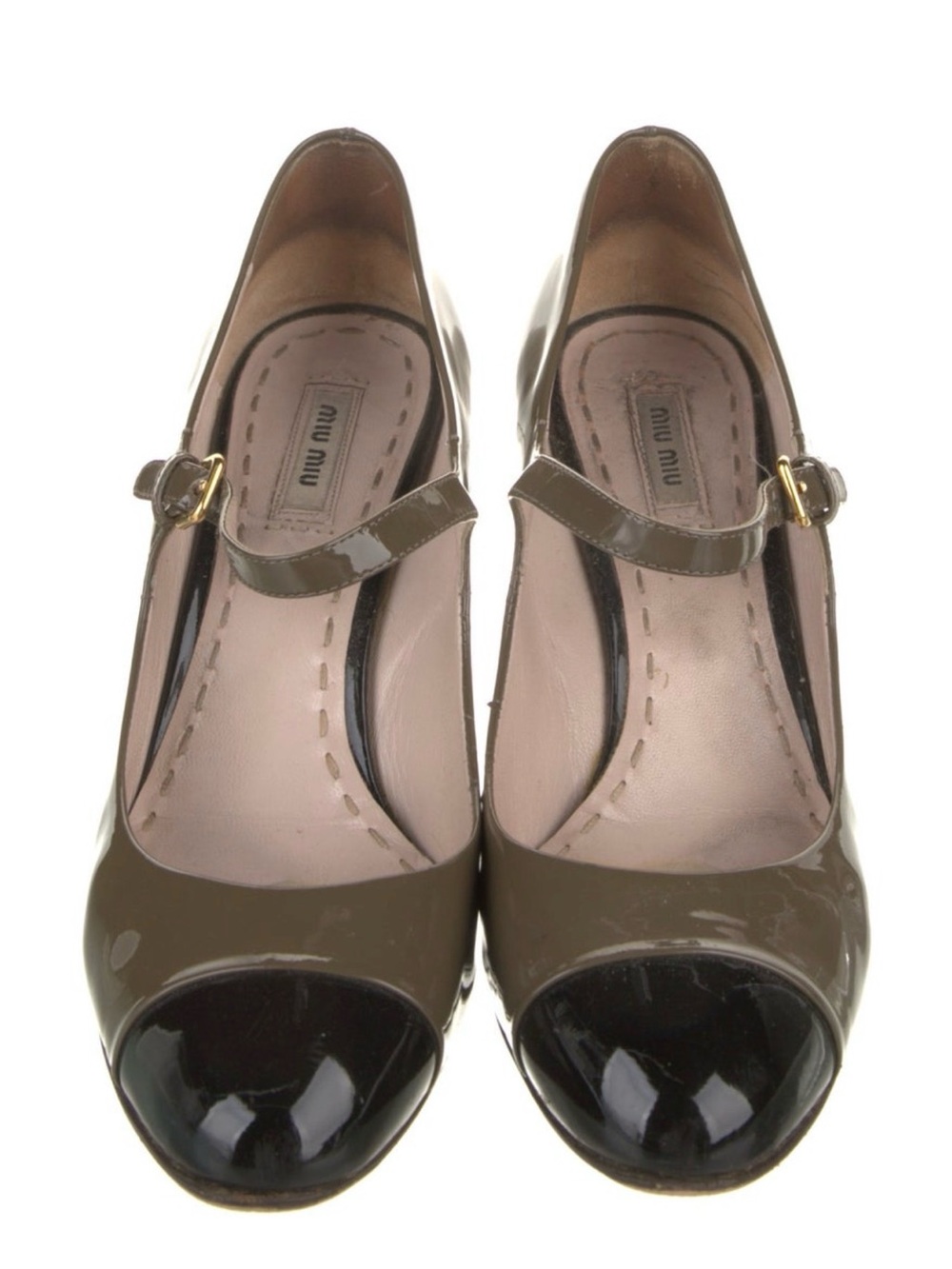 Miu Miu Taupe Patent Leather Mary Jane Pumps with Black Cap Toe size 36
